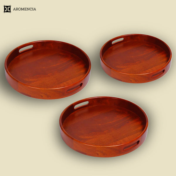 Aromencia Mango Wood Handmade Round Serving Trays with Handles – Set of 3