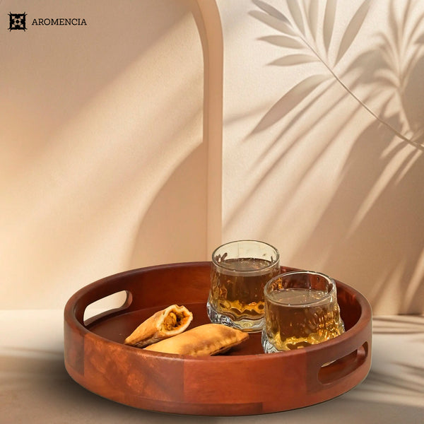 Aromencia Mango Wood Handmade Round Serving Trays with Handles – Set of 3