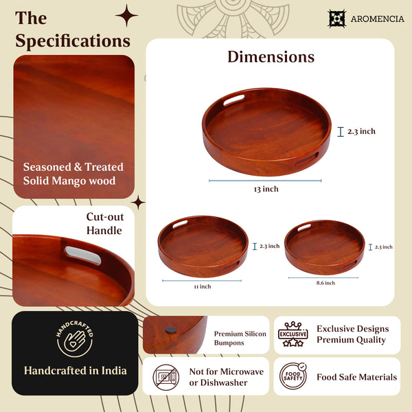 Aromencia Mango Wood Handmade Round Serving Trays with Handles – Set of 3