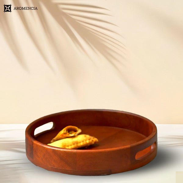 Aromencia Mango Wood Handmade Round Serving Trays with Handles – Set of 3