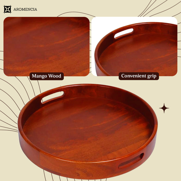 Aromencia Mango Wood Handmade Round Serving Trays with Handles – Set of 3