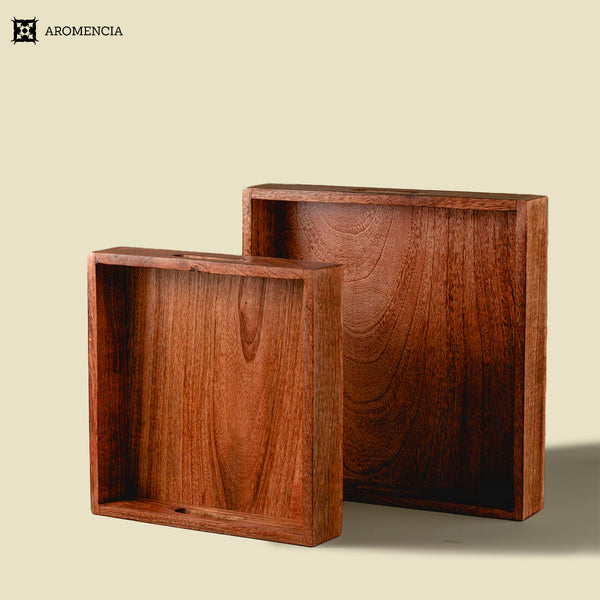 Aromencia Mango Wood Handmade Square Serving Trays with Handles - Set of 2