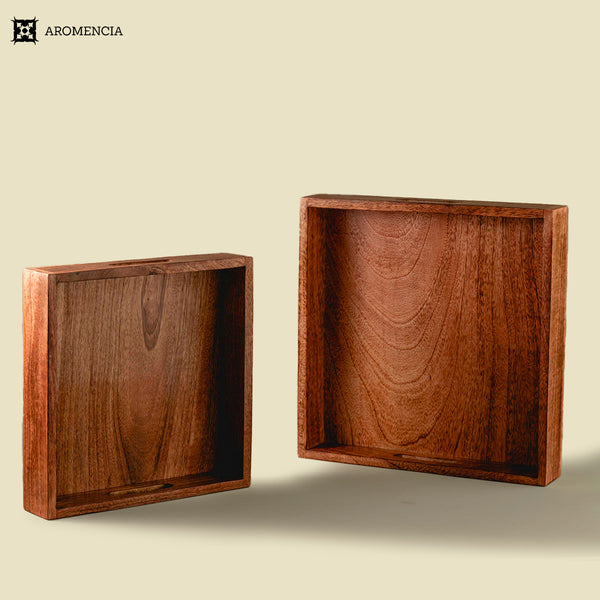 Aromencia Mango Wood Handmade Square Serving Trays with Handles - Set of 2