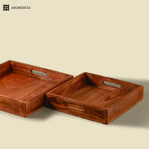 Aromencia Mango Wood Handmade Square Serving Trays with Handles - Set of 2