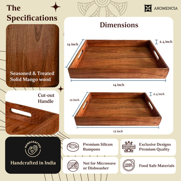 Aromencia Mango Wood Handmade Square Serving Trays with Handles - Set of 2