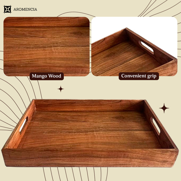 Aromencia Mango Wood Handmade Square Serving Trays with Handles - Set of 2